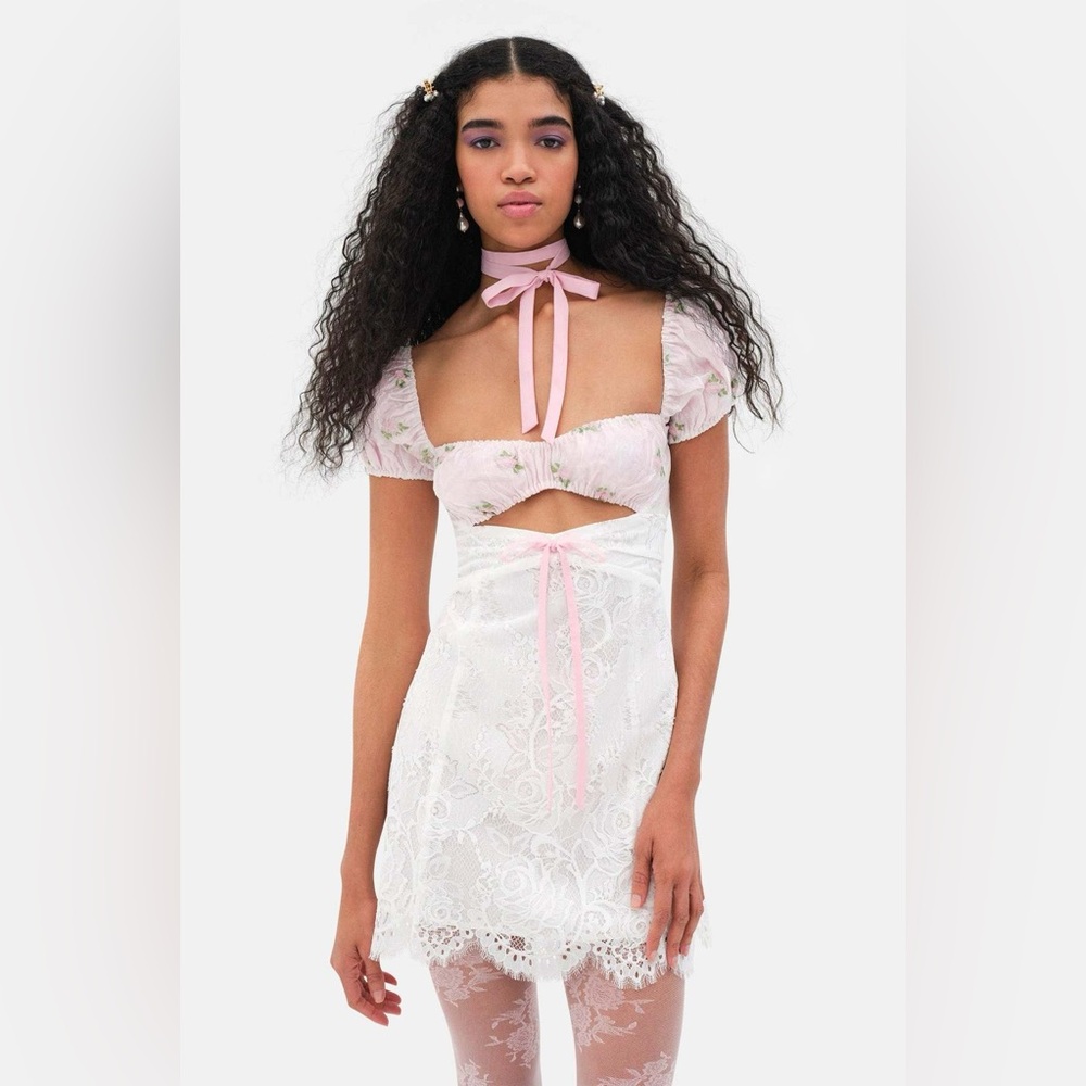 For Love and Lemons London White Lace Mini Dress with Pink Accents